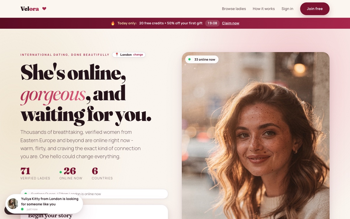 Velora homepage with a verified member and live activity