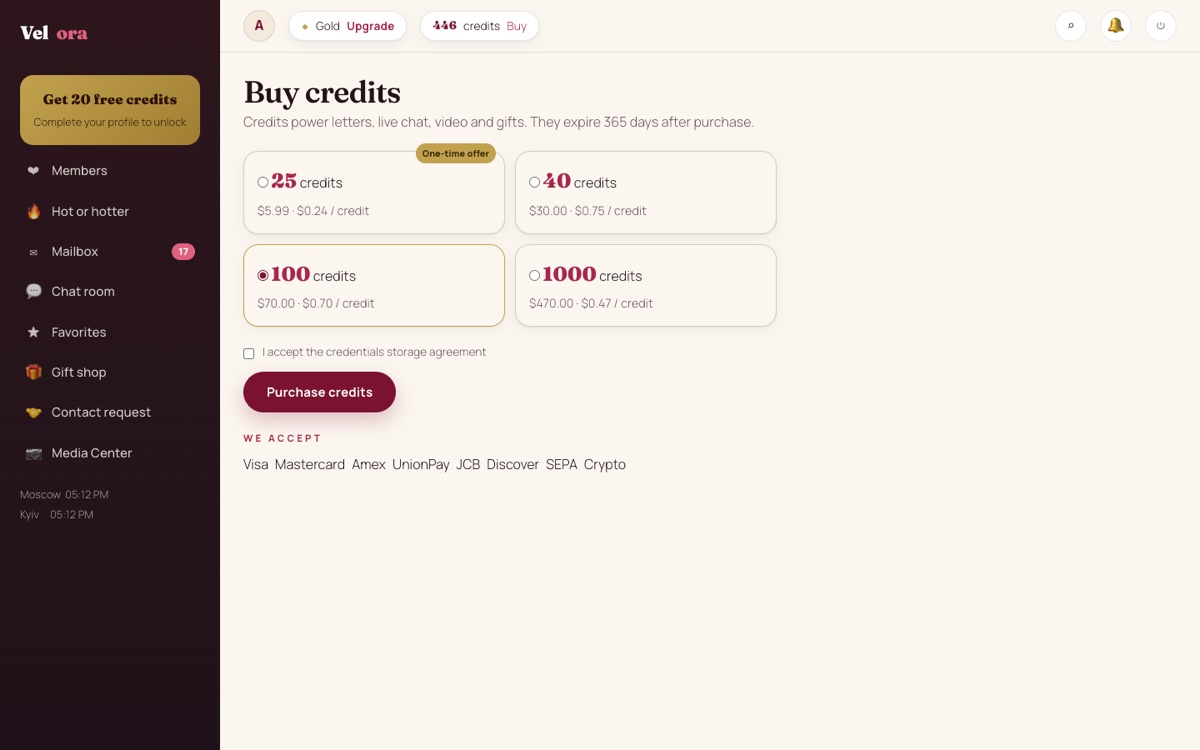 Buy credits page on Velora